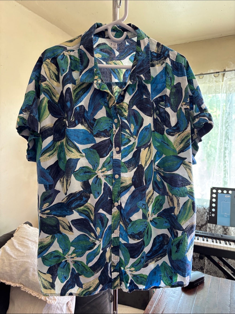 Leaf Floral Green Blue Linen Camp Shirt Plus Size XXXL (22)